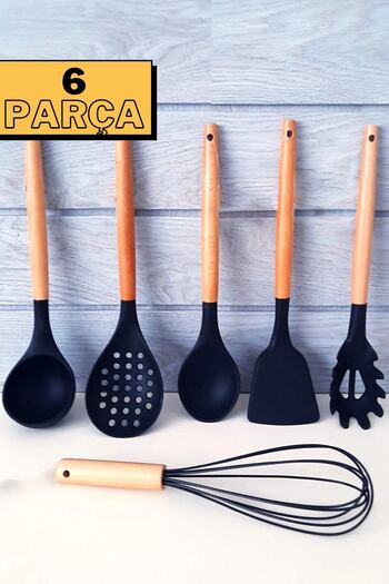 ÖzSa Home 6 Piece Silicone Ladle Colander Spoon Whisk Bamboo Handle Kitchen Serving Set Set