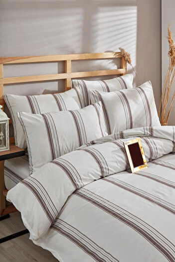 Bayev Double Brown Striped Duvet Cover Set with Elastic Sheets
