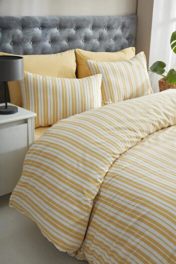 Bayev Single Yellow Striped Elastic Sheet Duvet Cover Set