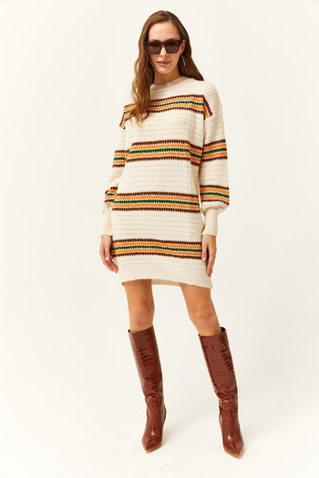 Olalook Women's Stone Color Striped Soft Textured Knitwear Tunic Dress