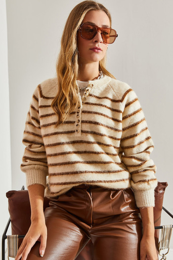 Bianco Lucci Women's Charmed Striped 11 Button Knitwear Sweater
