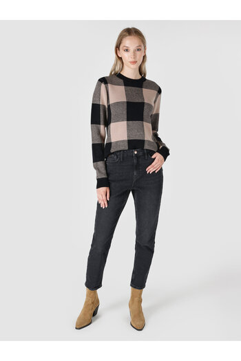 Colin's Black Checkered Slim Fit Crew Neck Women's Sweater
