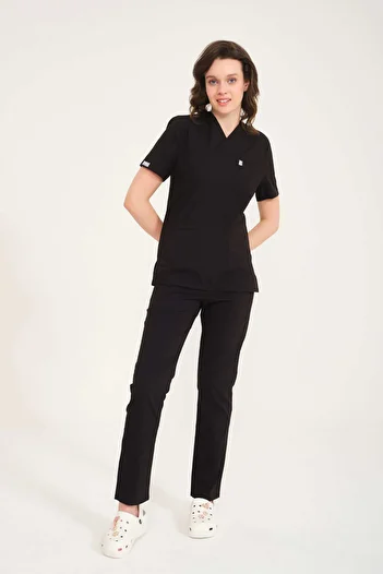 Pratik Medikal Scrub negru unisex - Lycra, guler plic, costum pentru medic și asistentă