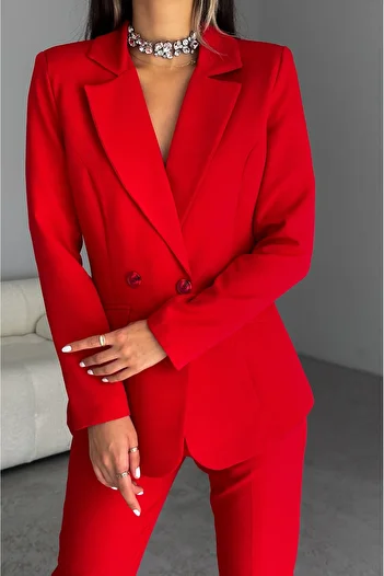 diaves Red Double-breasted Blazer Jacket Carrot Pants Suit