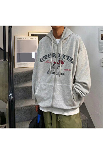 Gofeel Y2k Tech Eternity Baskılı Oversize Fermuarlı Gri Unisex Kapüşonlu Hırka GF
