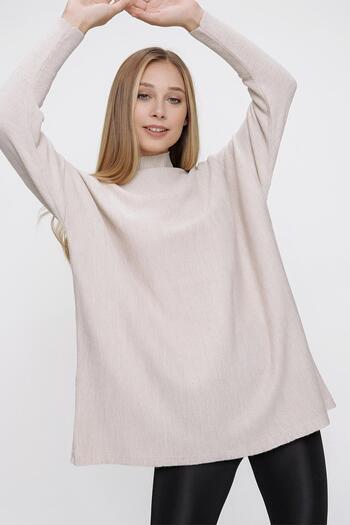 CHUBA Women's Beige Half Turtleneck Loose Long Knitwear Poncho 22wk222