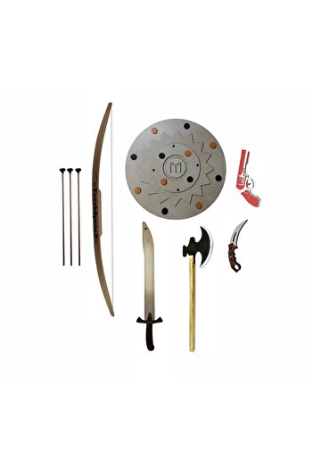 Ahtek Wooden Toy Set 6, Shield + Axe + Sword + Toy Knife + Arrow Bow Tk + Rubber Shooting Gun