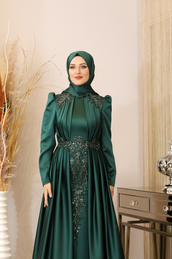 Surikka Βραδινό φόρεμα Hijab Karaca με ντραπέ στο μπροστινό μέρος, σμαραγδί