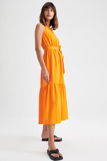 DeFacto Halter Neck Belted Linen Look Summer Midi Dress U7045az22sm