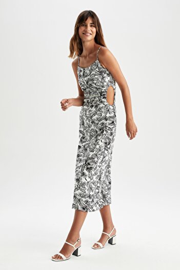 DeFacto Slim Fit Tropical Patterned Linen Blended Midi Strap Dress X6662az22sm