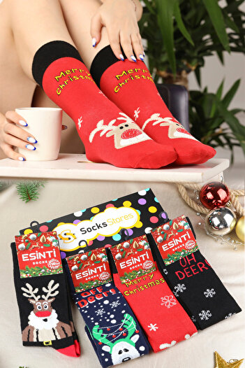 Esinti Men Women Kids New Year's Long Black Christmas Themed Gift Socks Set 4 Pcs