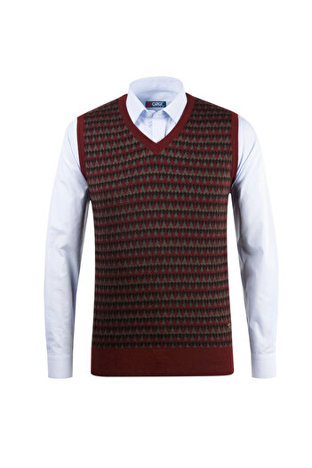 Çizgi Triko Men's Claret Red V-Neck Knitwear Sweater Patterned Colorful Winter Steel Knit Classic Fit