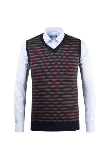 Çizgi Triko Men's Navy Blue V-Neck Knitwear Sweater Patterned Colorful Winter Steel Knit Classic Fit