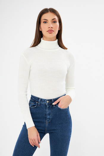 brako tekstil Women's White Long Sleeve Turtleneck Knitwear Sweater