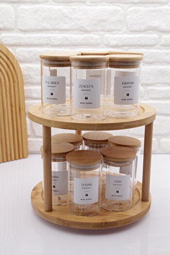 zezedesing 12-Piece Bamboo Vacuum Lid Glass Spice Jar Set with Bamboo Rotary Stand 300ML