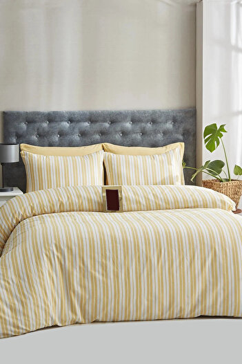 Bayev Double Yellow Striped Elastic Sheet Duvet Cover Set