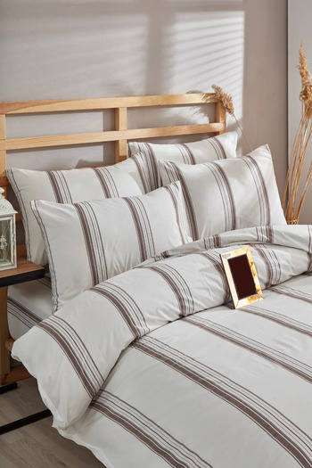 Bayev Single Brown Striped Duvet Cover Set with Elastic Sheets