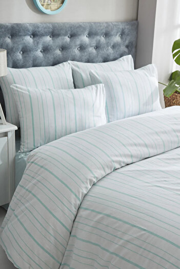 Bayev Double Green Striped Elastic Sheet Duvet Cover Set
