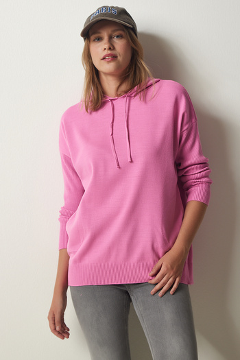 Happiness İstanbul Hanorac roz, cu glugă, tricot cu buzunar, YU00003