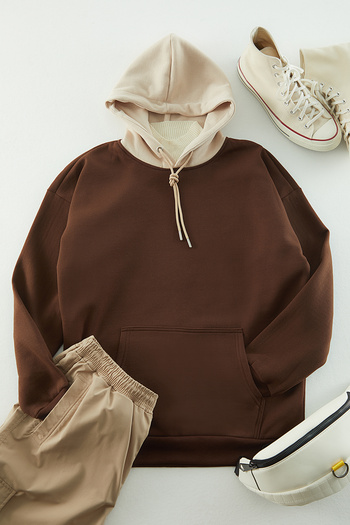 Trendyol Collection Φούτερ Fleece με κουκούλα - Καφέ, Oversize, Ζεστό TMNAW23SW00023