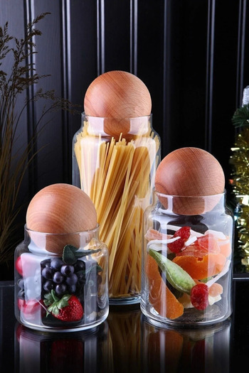 MİEN 3-Piece Glass Jar Set with Wooden Ball Lid