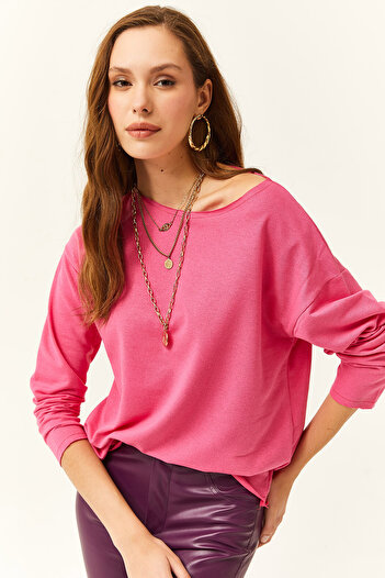 Olalook Women's Fuchsia Dirty Collar Printed Soft Textured Thin Sweatshirt