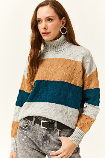 Olalook Women's Gray Hair Knit Detailed Striped Soft Textured Knitwear Sweater