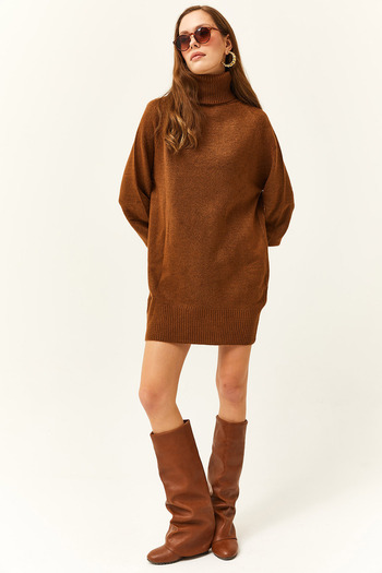 Olalook Women's Bitter Brown Turtleneck Balloon Sleeve Soft Textured Tunic Dress
