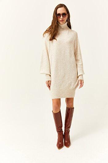 Olalook Women's Stone Turtleneck Balloon Sleeve Soft Textured Tunic Dress