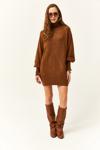 Olalook Women's Bitter Brown Turtleneck Balloon Sleeve Soft Textured Tunic Dress