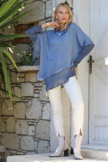 Chiccy Mavi Kapüşonlu Uzun Kol Yıkamalı Örme Asimetrik Casual Bluz