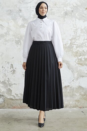 InStyle Luisa Waist Ελαστική πλισέ φούστα - Μαύρη