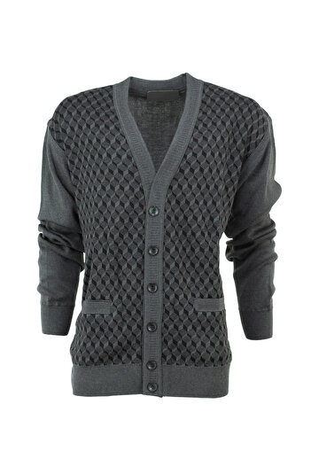 Oppland Men's Winter Pocket V-Neck Buttoned Full Pattern Steel Knitted Wool Woven Stylish Classic Motif Cardigan