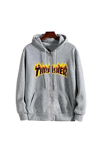 Gofeel Y2k Tech Thrasher Baskılı Oversize Fermuarlı Gri Unisex Kapüşonlu Hırka GF