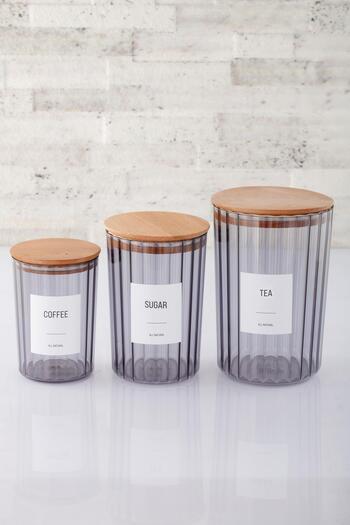ANJEAHOME Roanne 3-Piece Wooden Lid Smoked Hard Plastic Food Storage Container Kitchen Organizer (Labeled)