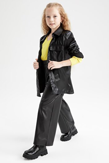 DeFacto Girl's Christmas Themed Wide Leg Faux Leather Trousers