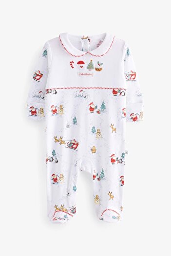 Next Baby %100 Organik Pamuk Beyaz Nakışlı Yılbaşı Tulumu ALY00265
