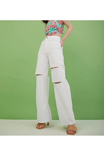 LİMABEL White High Waist Ripped Wide Leg Jeans White Loose Jeans String Ripped Jeans 100% Cotton