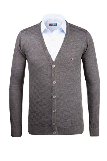 Çizgi Triko Men's V-Neck Knitwear Cardigan Buttoned Patterned Steel Knit Regular Fit