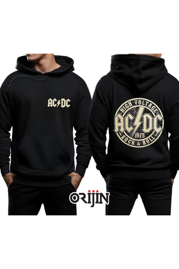 Orijin Tekstil Φούτερ AC DC High Voltage 1975 εμπρός και πίσω με στάμπα μαύρη κουκούλα
