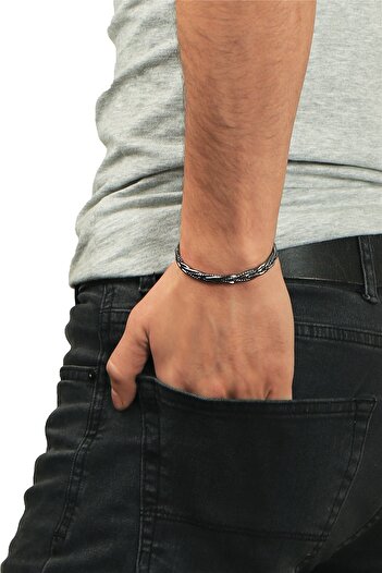 LABALABA Men's Lacquer Black Color Plated Adjustable Open Band Embossed Weave Textured Bracelet
