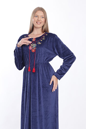 mervemoda Kadın Lacivert kadife uzun elbise