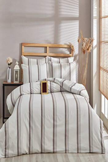 Bayev Double Brown Striped Duvet Cover Set with Elastic Sheets