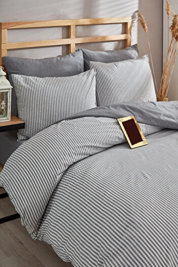 Bayev Single Gray Striped Elastic Sheet Duvet Cover Set