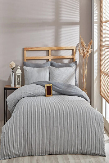 Bayev Single Gray Striped Elastic Sheet Duvet Cover Set