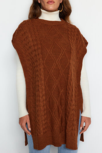 Trendyol Modest Πλεκτό πουλόβερ με καφέ γραβάτα μέση TCTAW22UV0018
