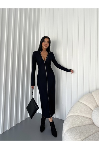 Fiori Rochie neagră cu mânecă lungă cu fermoar