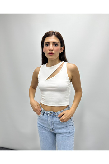 deqfashion Women's White Drop Detailed Knitted Crop Tank Top