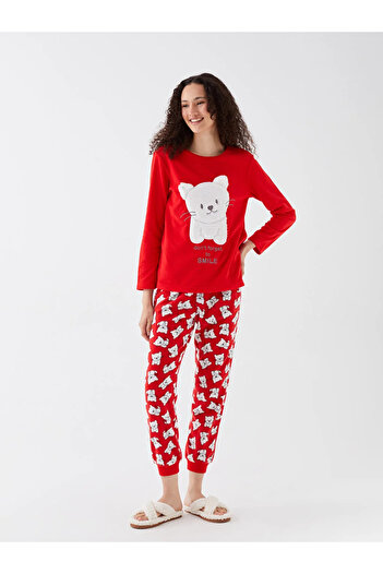 LC Waikiki Bisiklet Yaka Nakışlı Uzun Kollu Polar Kadın Pijama Takımı