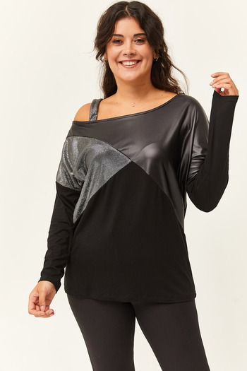 Ebsumu Γυναικεία Plus Size Μαύρη Δερμάτινη Γαρνιτούρα Ασύμμετρη Μαύρη Μπλούζα γιακά